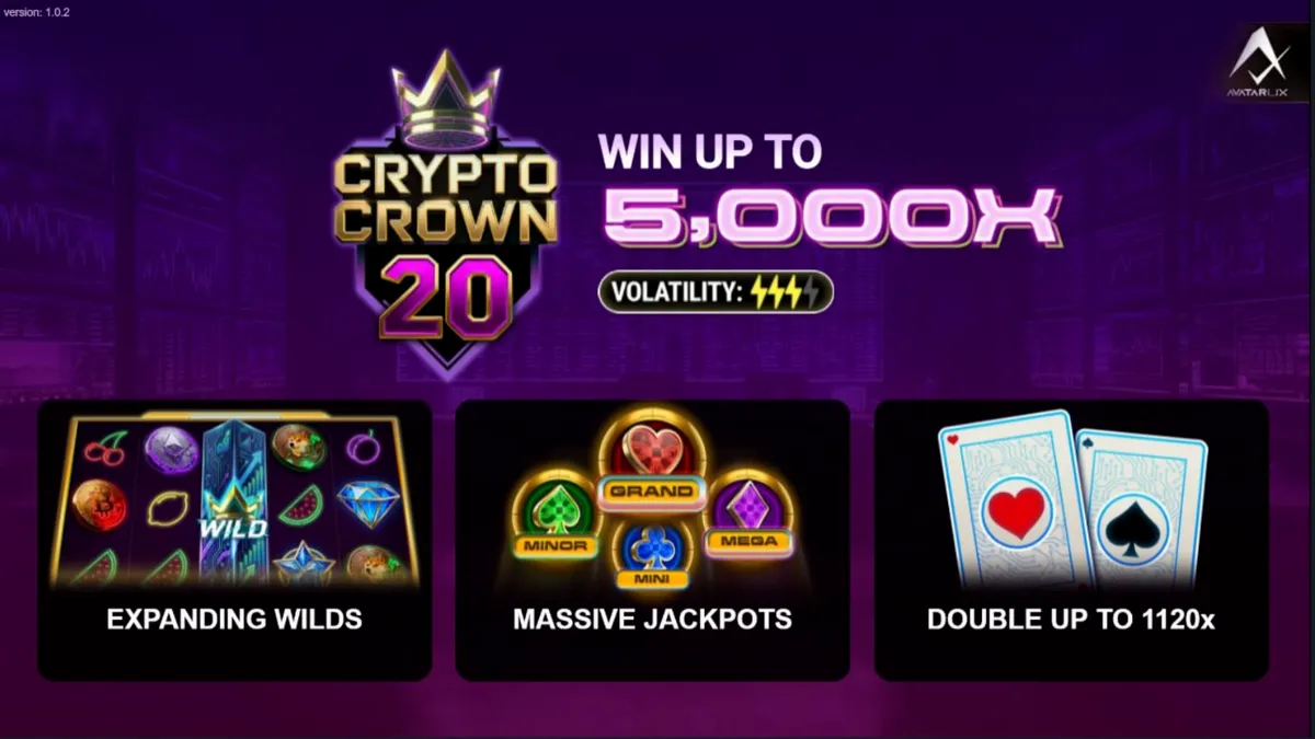 Tampilan layar permainan slot Crypto Crown 20 dengan simbol kripto dan neon